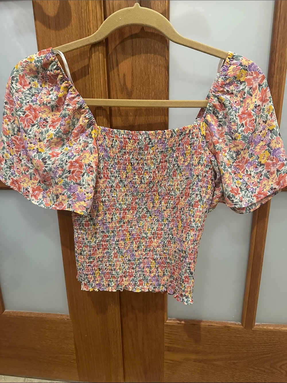 Lush Floral Smocked Pink Multi Off-Shoulder Crop Top - Picture 4 of 7